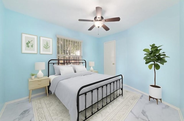 13523 Bonilla Ln, Houston, TX 77083 - bedroom featuring marble look tile flooring, baseboards, and a ceiling fan