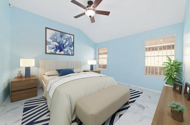 13523 Bonilla Ln, Houston, TX 77083 - bedroom with vaulted ceiling, marble finish flooring, baseboards, and ceiling fan