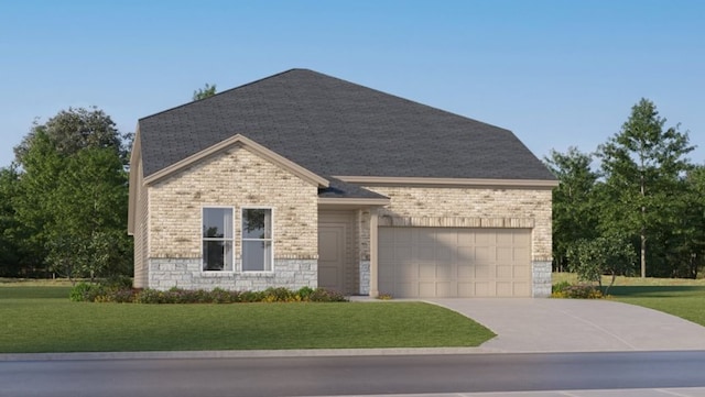 view of front facade with an attached garage, stone siding, driveway, a front lawn, and brick siding