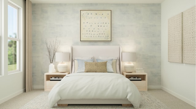 bedroom featuring carpet, baseboards, and multiple windows