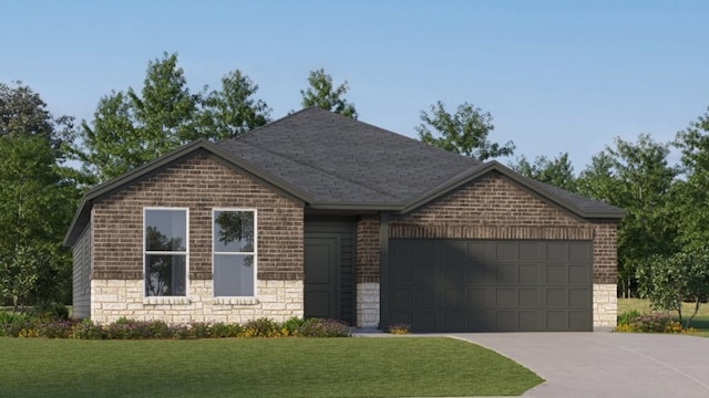 9318 Vendace Dr, Baytown, TX 77521 - ranch-style home with an attached garage, brick siding, concrete driveway, a front yard, and stone siding