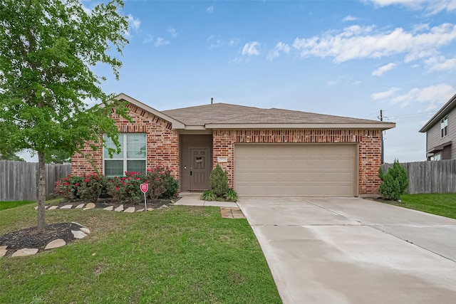 single story home featuring driveway, brick siding, fence, a garage, and a front lawn