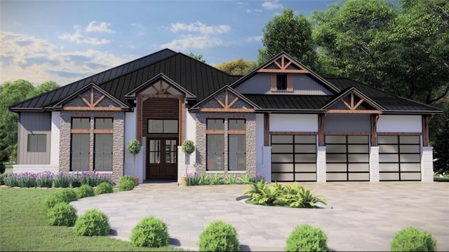 25137 Little John Cir, Hockley, TX 77447 - modern farmhouse style home featuring french doors, concrete driveway, a standing seam roof, a metal roof, and a garage