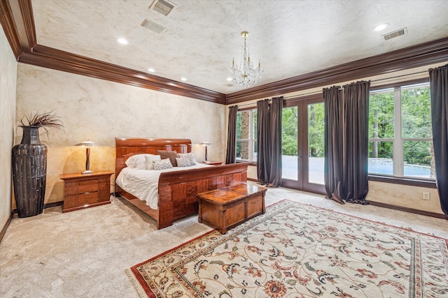 bedroom with visible vents, ornamental molding, access to outside, and baseboards