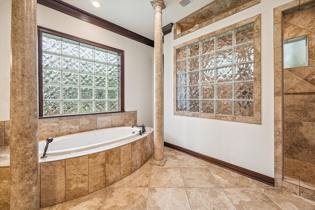 full bath featuring ornamental molding, baseboards, a bath, and tiled shower