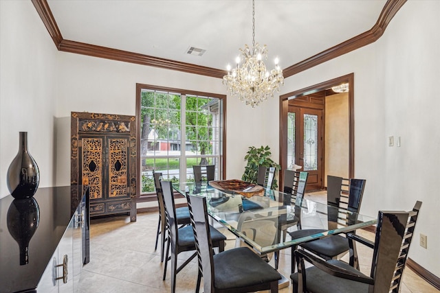 dining area featuring light tile patterned floors, baseboards, visible vents, a notable chandelier, and crown molding