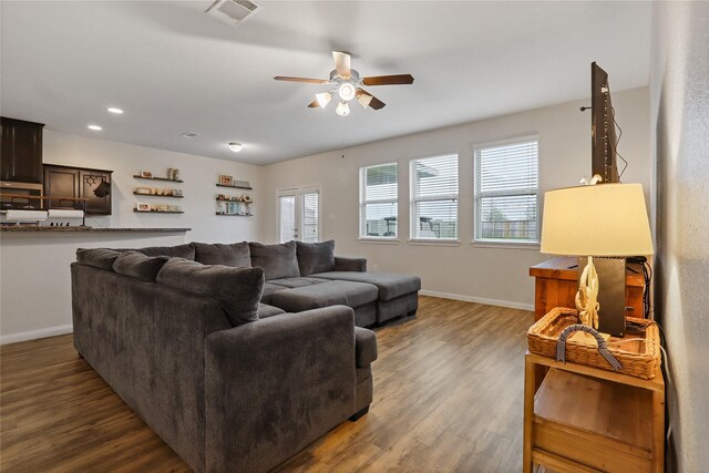 2225 Windy Sail Dr, Texas City, TX 77568 - living area with visible vents, baseboards, a ceiling fan, recessed lighting, and wood finished floors