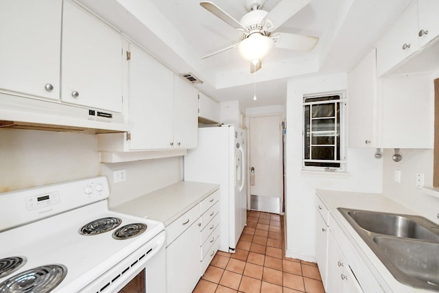9654 Westview Dr Unit 9, Houston, TX 77055 - kitchen featuring white appliances, under cabinet range hood, a sink, ceiling fan, and light tile patterned flooring