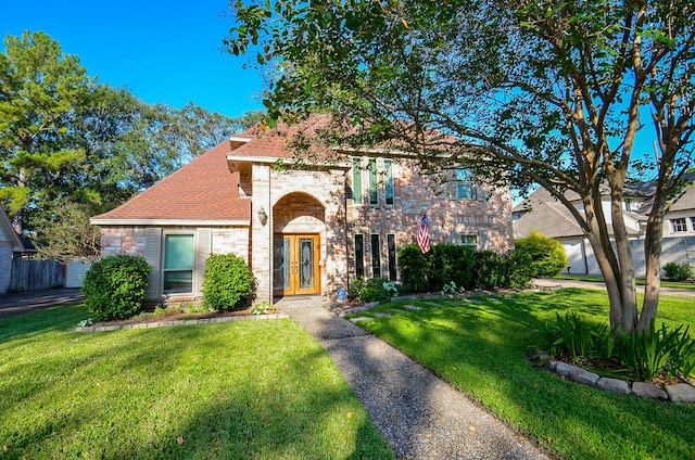 view of front of house featuring stone siding, a front lawn, french doors, and roof with shingles