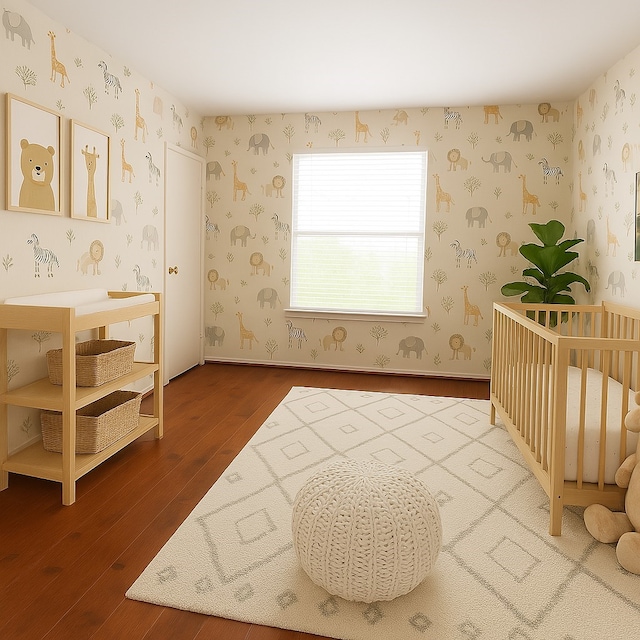 bedroom featuring wallpapered walls and wood finished floors