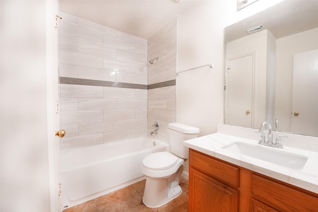 full bath with toilet, vanity, visible vents, tile patterned floors, and washtub / shower combination