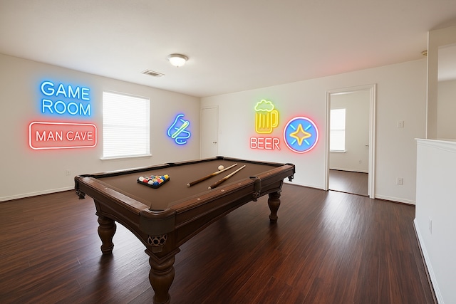 game room with pool table, baseboards, visible vents, and dark wood finished floors