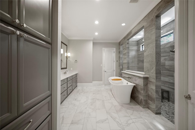 27415 Siandra Creek Ln, Spring, TX 77386 - full bathroom with marble look tile flooring, crown molding, walk in shower, a freestanding bath, and recessed lighting