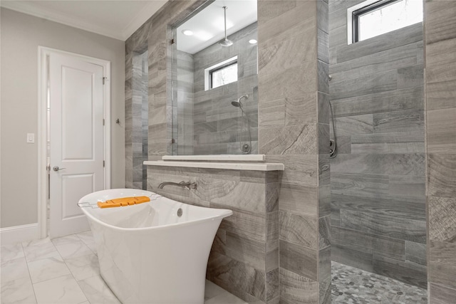 27415 Siandra Creek Ln, Spring, TX 77386 - full bath with a walk in shower, a freestanding bath, marble finish floors, and ornamental molding