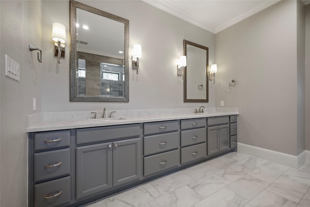 27415 Siandra Creek Ln, Spring, TX 77386 - bathroom with marble finish flooring, tiled shower, baseboards, double vanity, and ornamental molding