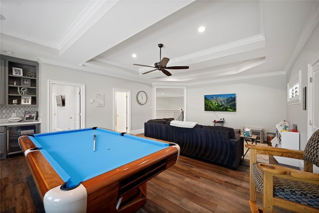 27415 Siandra Creek Ln, Spring, TX 77386 - game room with crown molding, dark wood-style floors, ceiling fan, recessed lighting, and beverage cooler