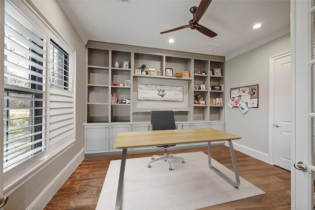 27415 Siandra Creek Ln, Spring, TX 77386 - office area with a ceiling fan, ornamental molding, baseboards, dark wood-type flooring, and recessed lighting