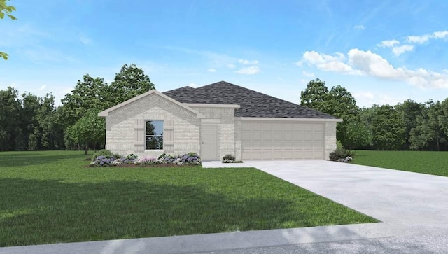view of front of home with driveway, roof with shingles, a front yard, brick siding, and a garage
