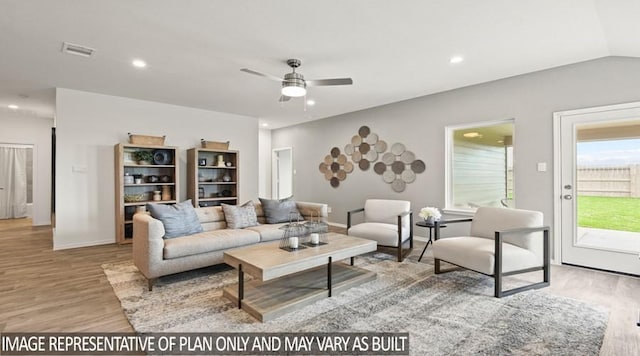 living room with light wood finished floors, a ceiling fan, visible vents, and recessed lighting