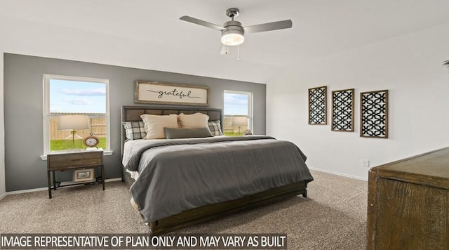 carpeted bedroom featuring ceiling fan, lofted ceiling, and baseboards