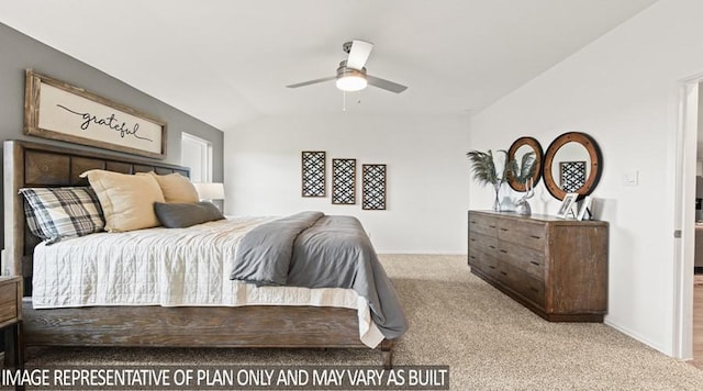 carpeted bedroom with baseboards, a ceiling fan, and lofted ceiling
