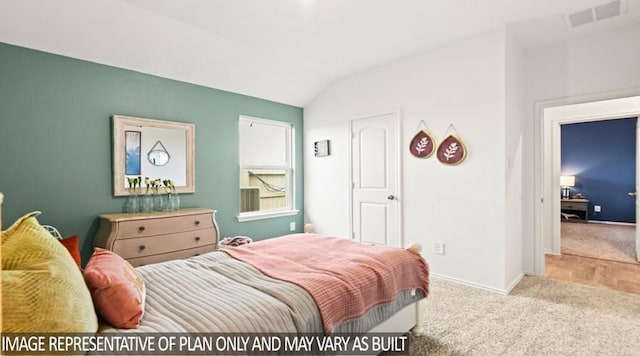 carpeted bedroom featuring visible vents, vaulted ceiling, and baseboards