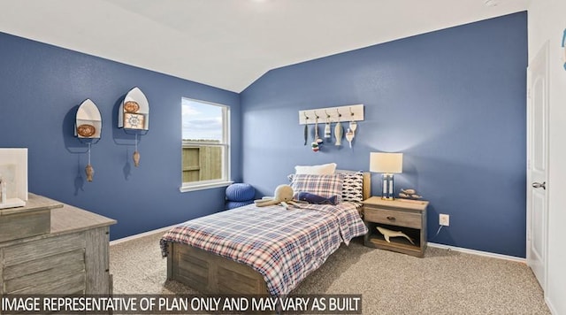 carpeted bedroom with lofted ceiling and baseboards