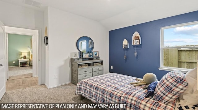 bedroom with baseboards, visible vents, lofted ceiling, and light colored carpet
