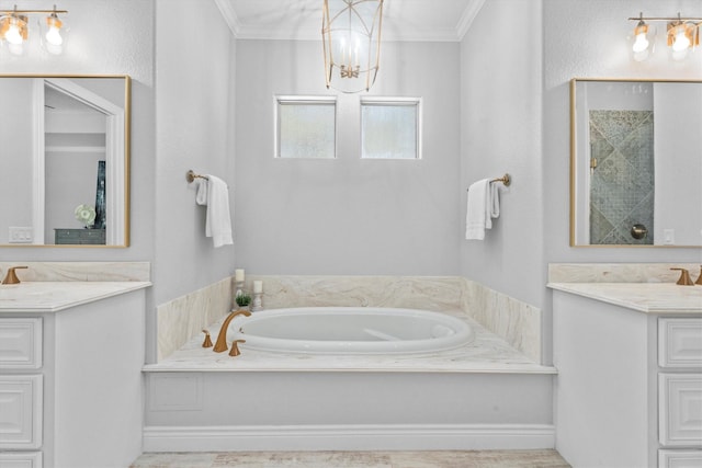13130 Victoria Trce, Montgomery, TX 77316 - bathroom featuring a bath, vanity, a shower stall, and ornamental molding