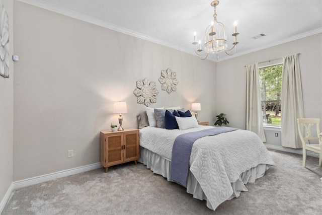 13130 Victoria Trce, Montgomery, TX 77316 - carpeted bedroom featuring an inviting chandelier, ornamental molding, visible vents, and baseboards