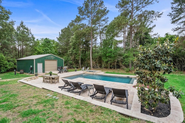 13130 Victoria Trce, Montgomery, TX 77316 - view of swimming pool with an outdoor structure, a yard, a patio, and a pool with connected hot tub