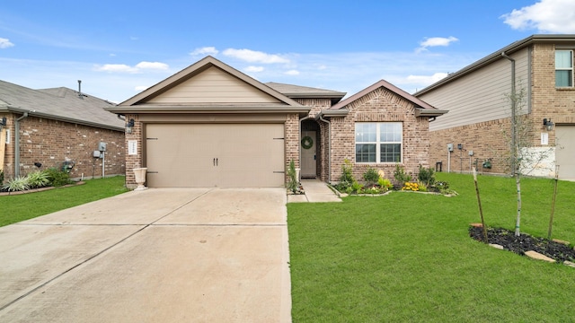 single story home with concrete driveway, a front yard, brick siding, and an attached garage