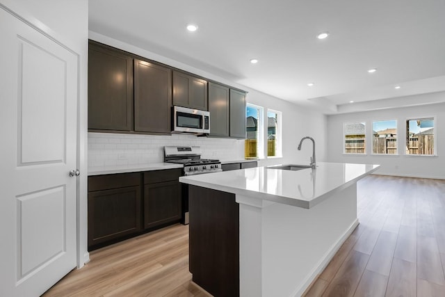 kitchen featuring light countertops, backsplash, a sink, light wood-type flooring, and appliances with stainless steel finishes