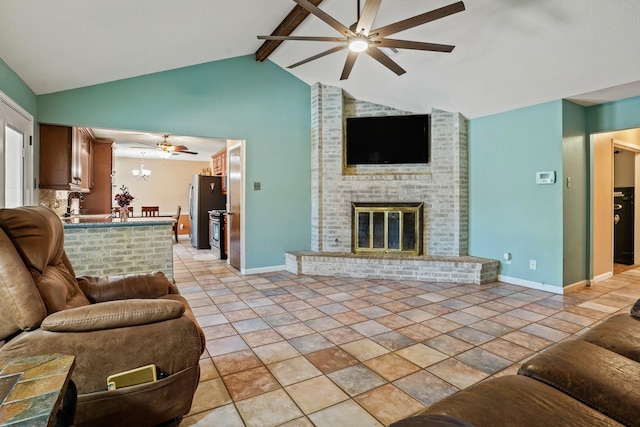 living room featuring vaulted ceiling with beams, baseboards, a ceiling fan, and a fireplace