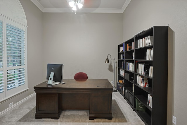 12203 Pinelands Park Ln, Humble, TX 77346 - office area featuring light colored carpet, a ceiling fan, crown molding, and baseboards