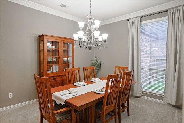 12203 Pinelands Park Ln, Humble, TX 77346 - dining room featuring carpet flooring, a chandelier, crown molding, and baseboards