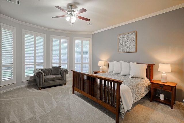 12203 Pinelands Park Ln, Humble, TX 77346 - bedroom featuring carpet flooring, multiple windows, baseboards, ornamental molding, and ceiling fan