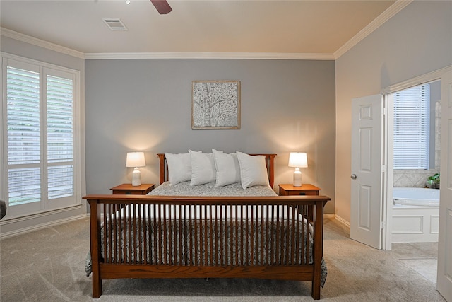 12203 Pinelands Park Ln, Humble, TX 77346 - bedroom with carpet, ornamental molding, baseboards, and a ceiling fan