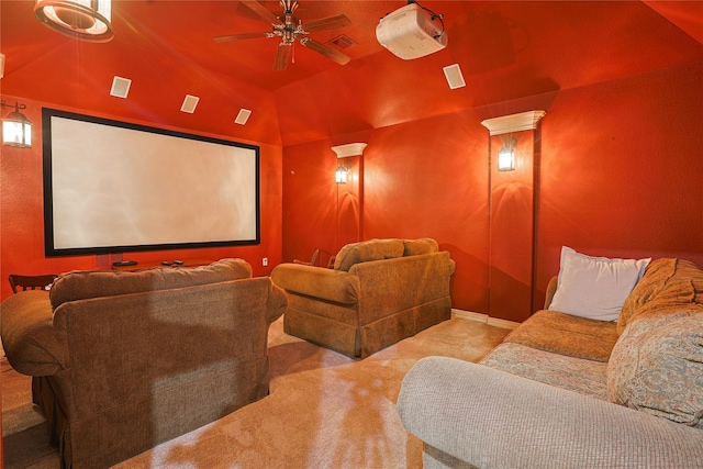 12203 Pinelands Park Ln, Humble, TX 77346 - carpeted cinema with a ceiling fan and vaulted ceiling