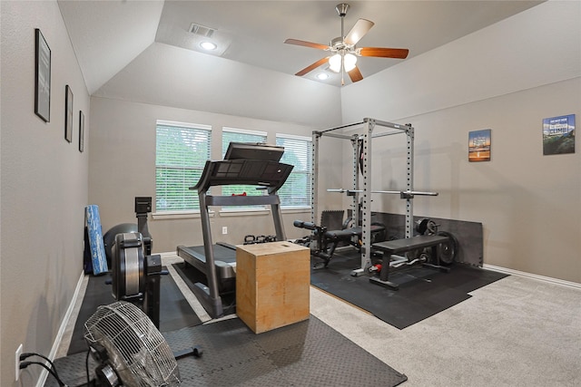 12203 Pinelands Park Ln, Humble, TX 77346 - exercise area featuring a ceiling fan, baseboards, lofted ceiling, and carpet