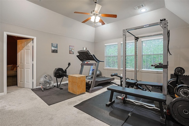 12203 Pinelands Park Ln, Humble, TX 77346 - workout room featuring a ceiling fan, carpet floors, baseboards, and lofted ceiling