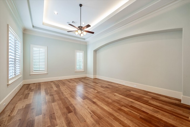 empty room with ceiling fan, plenty of natural light, light wood-style flooring, and a tray ceiling