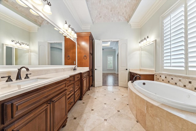 bathroom featuring vaulted ceiling, double vanity, a bath, and a sink