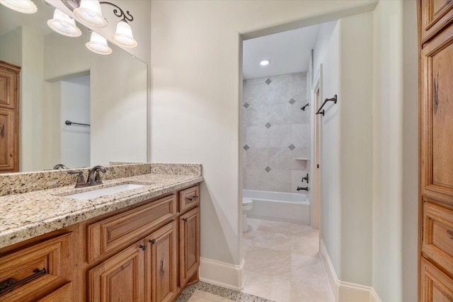 full bath with baseboards, toilet, recessed lighting, shower / washtub combination, and vanity