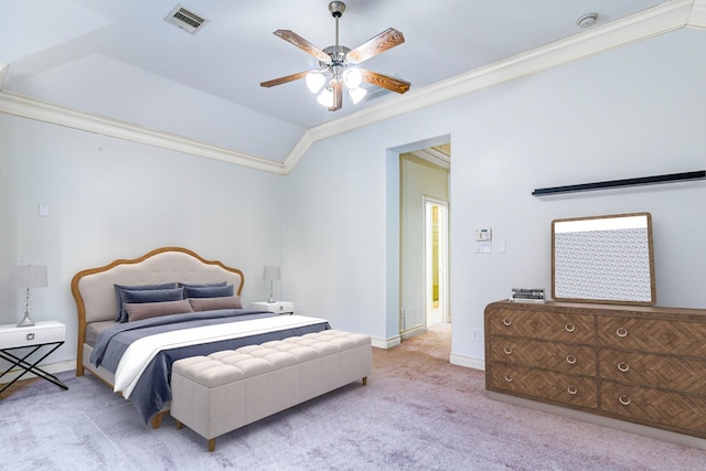 5976 Kansas St, Houston, TX 77007 - bedroom with ornamental molding, carpet flooring, baseboards, vaulted ceiling, and a ceiling fan
