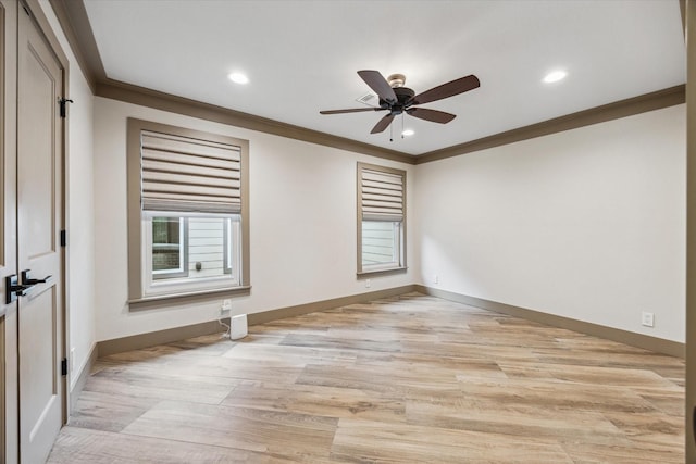 5807 Lilac St, Katy, TX 77493 - empty room featuring crown molding, a ceiling fan, recessed lighting, light wood finished floors, and baseboards