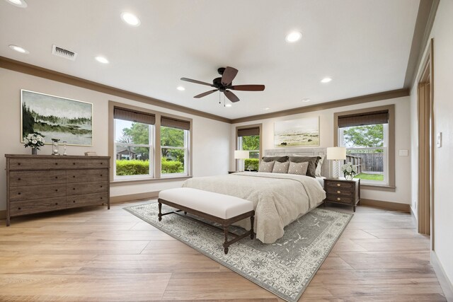 5807 Lilac St, Katy, TX 77493 - bedroom featuring crown molding, multiple windows, visible vents, and recessed lighting