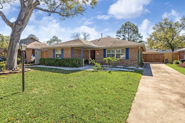 ranch-style house featuring concrete driveway, a front lawn, brick siding, and fence