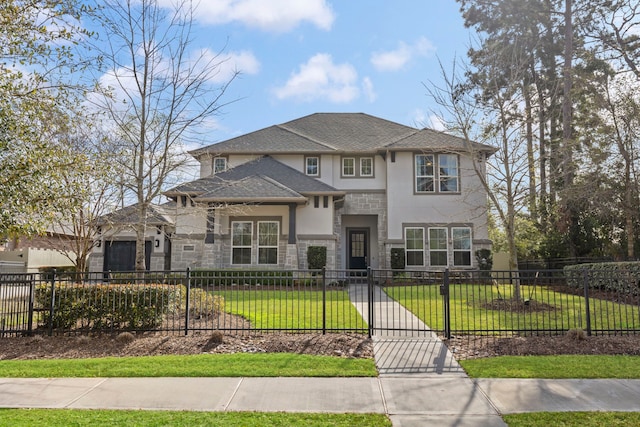10593 Lake Palmetto Dr, Conroe, TX 77385 - prairie-style house with stone siding, stucco siding, and a gate