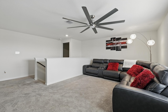 11034 Hillside Creek Dr, Humble, TX 77396 - living area with light carpet, baseboards, a ceiling fan, and visible vents